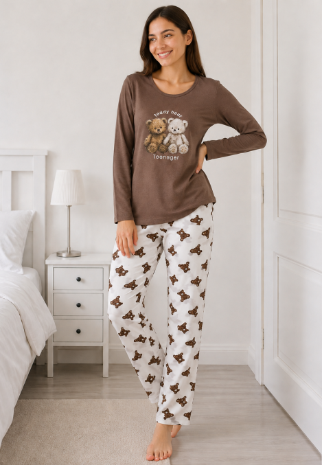 Pijama de damă cu bluză cu maneca lunga și pantaloni lung -Maro ,Engros